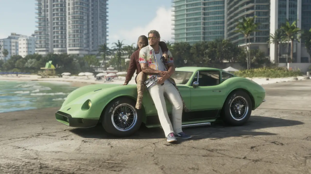 Jason and Lucia leaning on a green sports car on a Vice City beach, from an official GTA VI screenshot