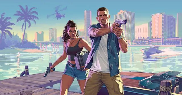 Lucia and Jason aiming pistols on a Vice City pier, official artwork