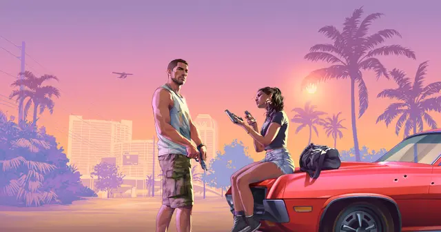 Jason and Lucia by a red car at sunset in Vice City, official GTA VI artwork