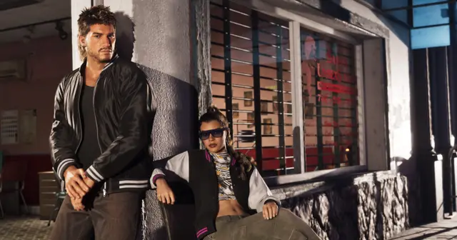 Two characters posing outside a Vice City salon